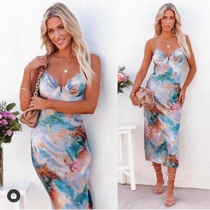 Vici “Cosmo Marble Print Satin Slip Midi Dress”